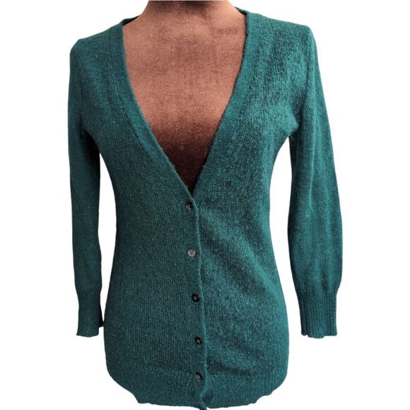 Emerald green mohair wool blend V -neck cardigan 3/4 sleeves size S - Picture 3 of 10